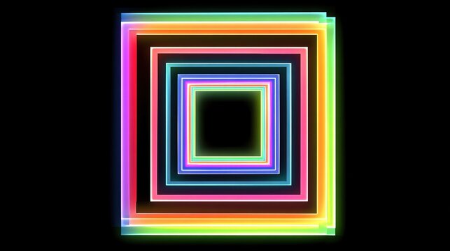 Nested neon-lit squares radiate from center outward with vibrant colors against a stark black backdrop