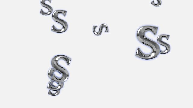 Falling Silver Section Signs And Metallic S Letters On White Background  Dynamic Legal And Educational Symbol Animation,3d Metallic Paragraph Symbols With Blue Glow On White Background - Legal, Regula