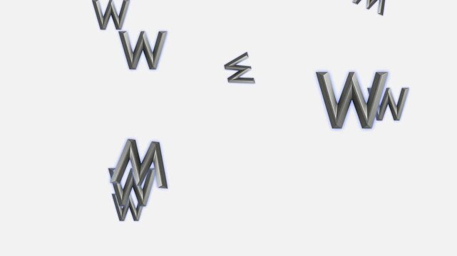 3d Metallic Letters W And M Falling And Bouncing On White Background. Abstract Animation Of Alphabet Characters.metallic 3d W Letter Pattern On White Background With Blue Glow - Abstract Digital Alpha