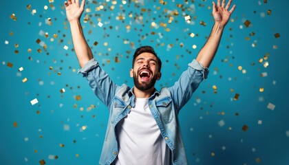 Man with arms raised celebrates with falling golden confetti against blue backdrop. Expresses pure joy and success, capturing a moment of triumph and excitement.