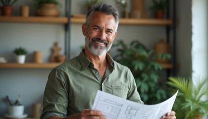 Mature man holds blueprint plan. Architect reviews construction design. Businessman analyzes floor layout with smile. Pro expert wearing casual green shirt works with architecture project near plants.