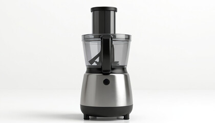 Portable food processor is on white. Compact appliance has stainless steel finish. Small chopper or blender is ready to use. Modern design kitchen utensil simplifies cooking and food preparation.