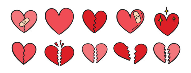 broken heart pink doodle hand drawn icon set. Outline drawing broken red hearts line clipart symbol collection