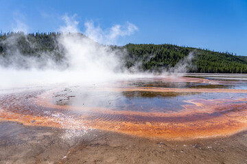 Grand Prismatic Spring, Midway Geyser Basin Trail. Yellowstone National Park , Wyoming. Hydrothermal System. hot-spring deposits. Extremophile. Yellowstone Plateau

