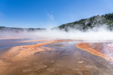 Grand Prismatic Spring, Midway Geyser Basin Trail. Yellowstone National Park , Wyoming. Hydrothermal System. hot-spring deposits. Extremophile. Yellowstone Plateau
