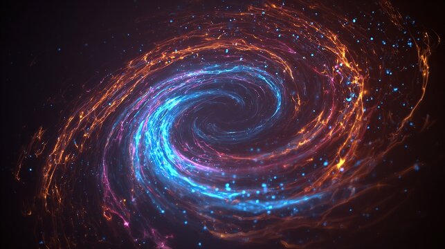 A vibrant, stylized spiral galaxy of swirling colors, with a bright blue core and orange outer arms against dark