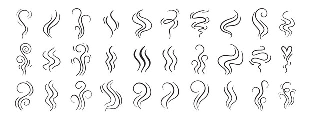 Fire steam or Line smoke doodle hand drawn set. smell waves from food or coffee and beverages sketch style.