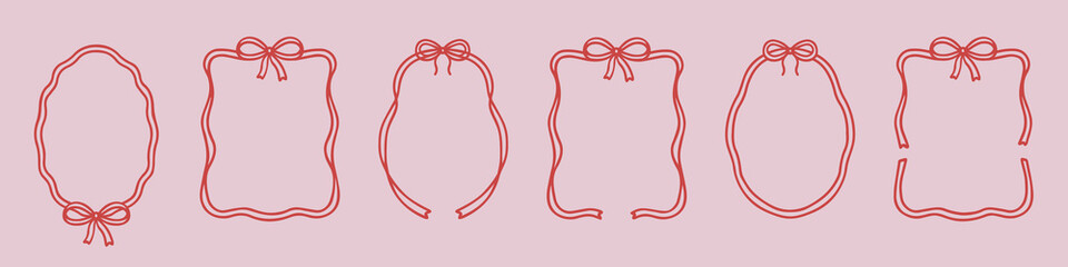 Whimsical wedding frame doodle set. Coquette boarders with bows and ribbons in sketch style. Hand drawn Vintage vector illustration for Valentine’s Day, wedding invitations.