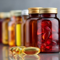 Row of amber and clear glass bottles filled with colorful supplements and capsules on a reflective surface