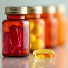 Row of amber glass bottles filled with colorful vitamin capsules and supplements on a reflective surface