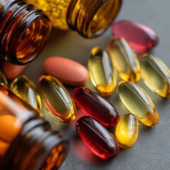 Close up of assorted vitamin capsules and pills spilling out of amber glass bottles onto a gray surface