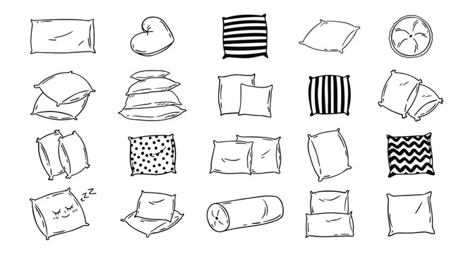 Doodle drawing pillow set. Soft pillow for sleep, outline hand drawn pillows. Rest bedroom decoration. Hand drawn cozy pillows for bed and sofa