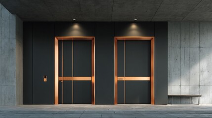 Two elegant elevators with copper accents in a minimalist concrete setting