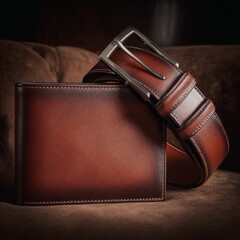 Close up of a rich brown leather wallet and belt with a textured surface on a dark background
