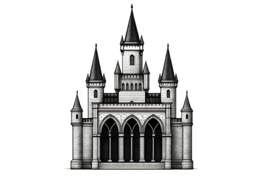 Medieval gothic fantasy castle drawing on transparent background