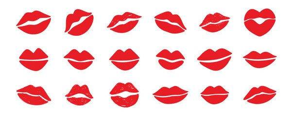 lips kiss clipart. lips kiss hand drawn silhouette symbols. Decor red lips cartoon drawing elements set