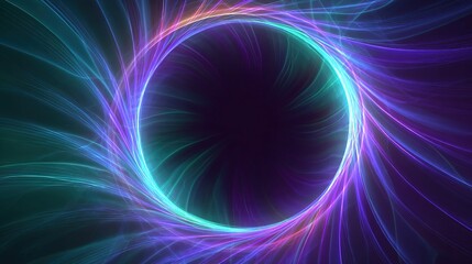 A radiant, neon-lit ring of energy emanates swirling streaks of color from a dark center