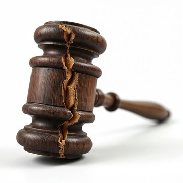A cracked wooden judge gavel lies on a white background. This symbol of law and justice is broken. It represents failure of justice or legal system.