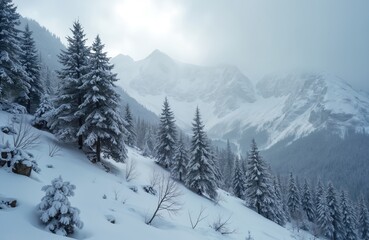 Winter landscape mountain view covered in snow. Evergreen trees on slope. Foggy weather conditions with high mountains in background. Nature background season theme.