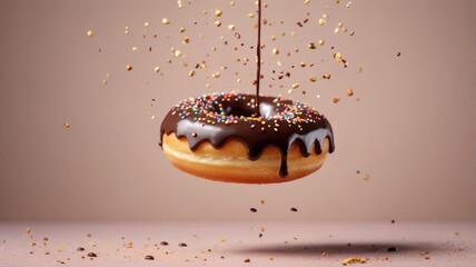 Floating donut with glossy chocolate glaze and colorful sprinkles, icing pouring down and crumbs flying. Creative sweet dessert concept on pink