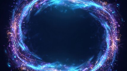 Glowing, swirling energy circle, primarily blue and purple, framing a dark central void. Glittering particles