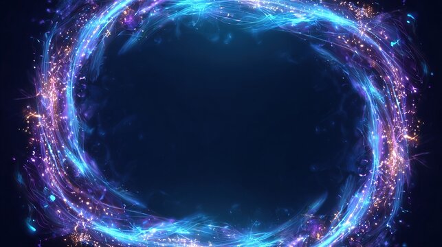 Glowing, swirling energy circle, primarily blue and purple, framing a dark central void. Glittering particles