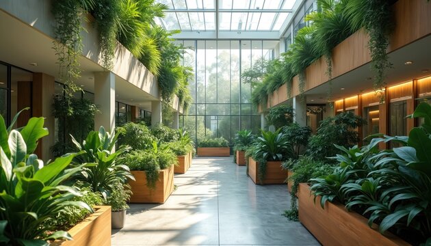 Modern atrium filled with rich green plants, wooden planters, and natural light from a glass ceiling. This indoor garden space offers a serene atmosphere with abundant flora and foliage.