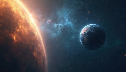 Obraz premium Cosmic scene with planets Earth and fiery giant orb. Nebula and stars fill dark deep space. Science fiction fantasy art. Future exploration.