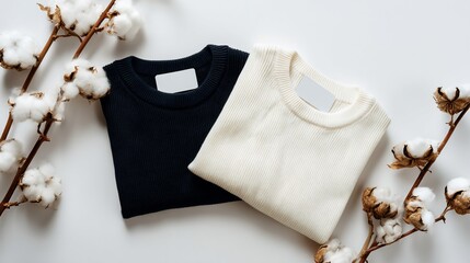 Two folded sweaters, black and white, adorned with cotton plant branches