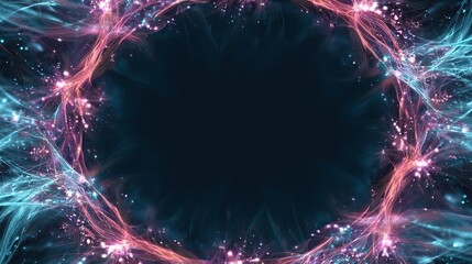 Abstract image of a dark space framed by swirling, colorful energy, emitting glowing particles