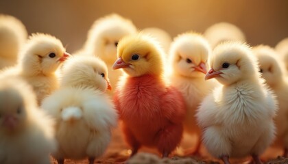 Naklejka premium Fluffy yellow and red chick stands in group of white chicks. Small newborn bird looks around in soft light. Easter concept. Individuality and difference theme. Poultry farm domestic animal.