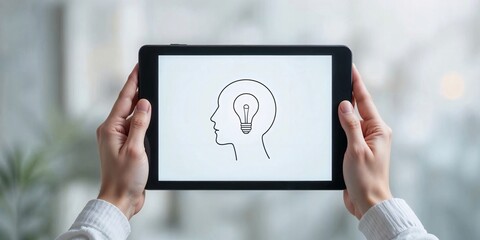 Hands holding a tablet displaying a head outline with a light bulb, symbolizing innovative thinking and creativity in the digital age.