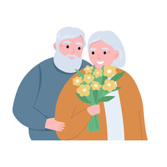An elderly happy couple in love. The husband gave his wife a bouquet. Grandmother and grandfather together. Vector flat graphics.