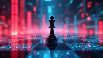 Futuristic chess king on digital board with glowing neon lights. Abstract background of red and blue data streams. Strategic game concept for AI and business.