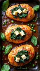 Baked chicken breasts stuffed spinach and feta cheese. Roasted poultry dish with green herbs and garnish. Healthy gourmet meal serving in tray. Restaurant food. Top view illustration.