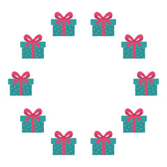 Round frame with gift boxes. Festive design. Isolated background. Flat style vector illustration