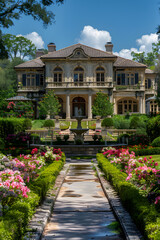 Elegant Estate with Manicued Gardens and Grand Mansin Under Clear Blue Sky