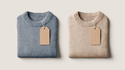 Two folded sweaters, one blue and one tan, with blank brown tags attached