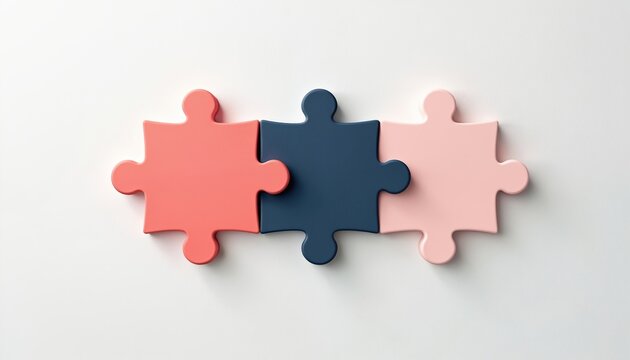 Three colorful puzzle pieces connect in a line symbolizing unity and cooperation. This abstract concept represents teamwork, problem solving, and collaborative efforts in various settings.
