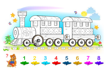 Solve examples and color the locomotive with wagon. Coloring book. Mathematical exercises on addition and subtraction. Developing counting skills. Printable worksheet for kids. Hand drawn vector.
