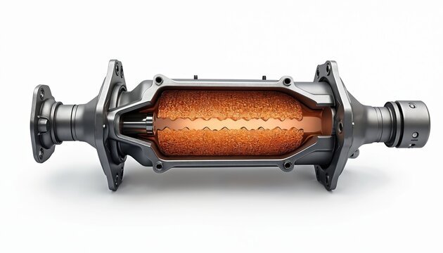 Cross section automotive catalytic converter with internal sensor. Flue gas flow through ceramic honeycomb structure. Clean emission exhaust system component.