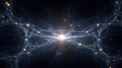 A symmetrical, ethereal fractal pattern with glowing nodes and luminous web-like strands against darkness