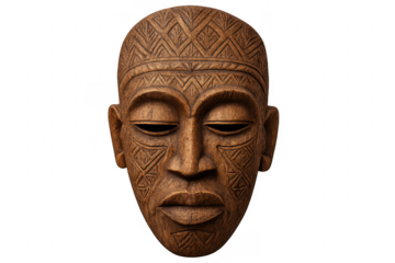 African carved wooden tribal mask on transparent background