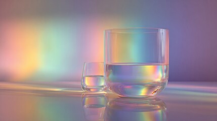 Two glasses of water reflect rainbow light on a glossy surface