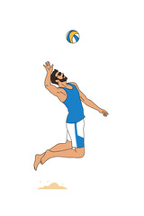 Man jumping to serve volleyball on sand beach in summer  