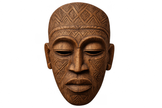 African carved wooden tribal mask on transparent background