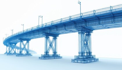 Fototapeta premium Blue wireframe blueprint shows modern highway bridge structure. Digital illustration highlights skeletal supports, road deck, detailed design. Tech drawing represents civil engineering, urban