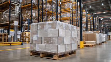 Organized warehouse environment with pallet of shrink-wrapped food products, background showing towering metal racks and stacked cartons in orderly rows