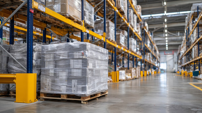 A full pallet of neatly wrapped food products on concrete warehouse floor, high industrial racks stretching into distance, organized storage environment