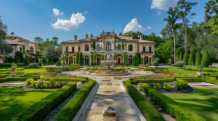 Obraz premium Elegant Estate with Manicued Gardens and Grand Mansin Under Clear Blue Sky